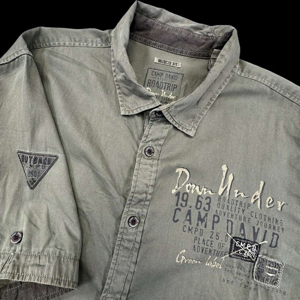 Camp David Down Under Button Up Shirt Mens L Olive Green Muscle Fit Short Sleeve